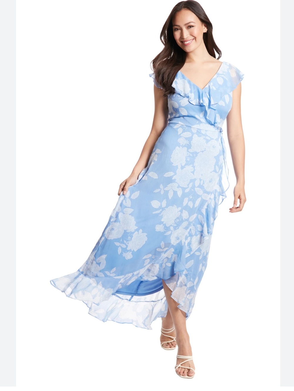 London Times Sky Blue & White Floral Ruffle Faux-Wrap Maxi Dress